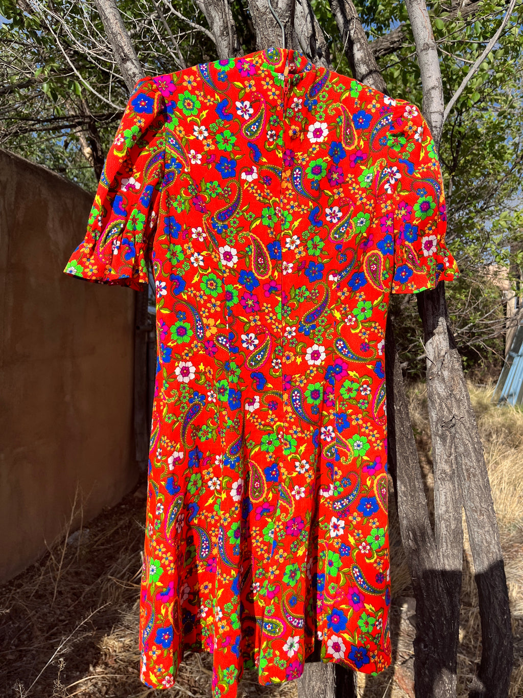 Vintage handmade Orange Paisley barkcloth mini dress with faux choker