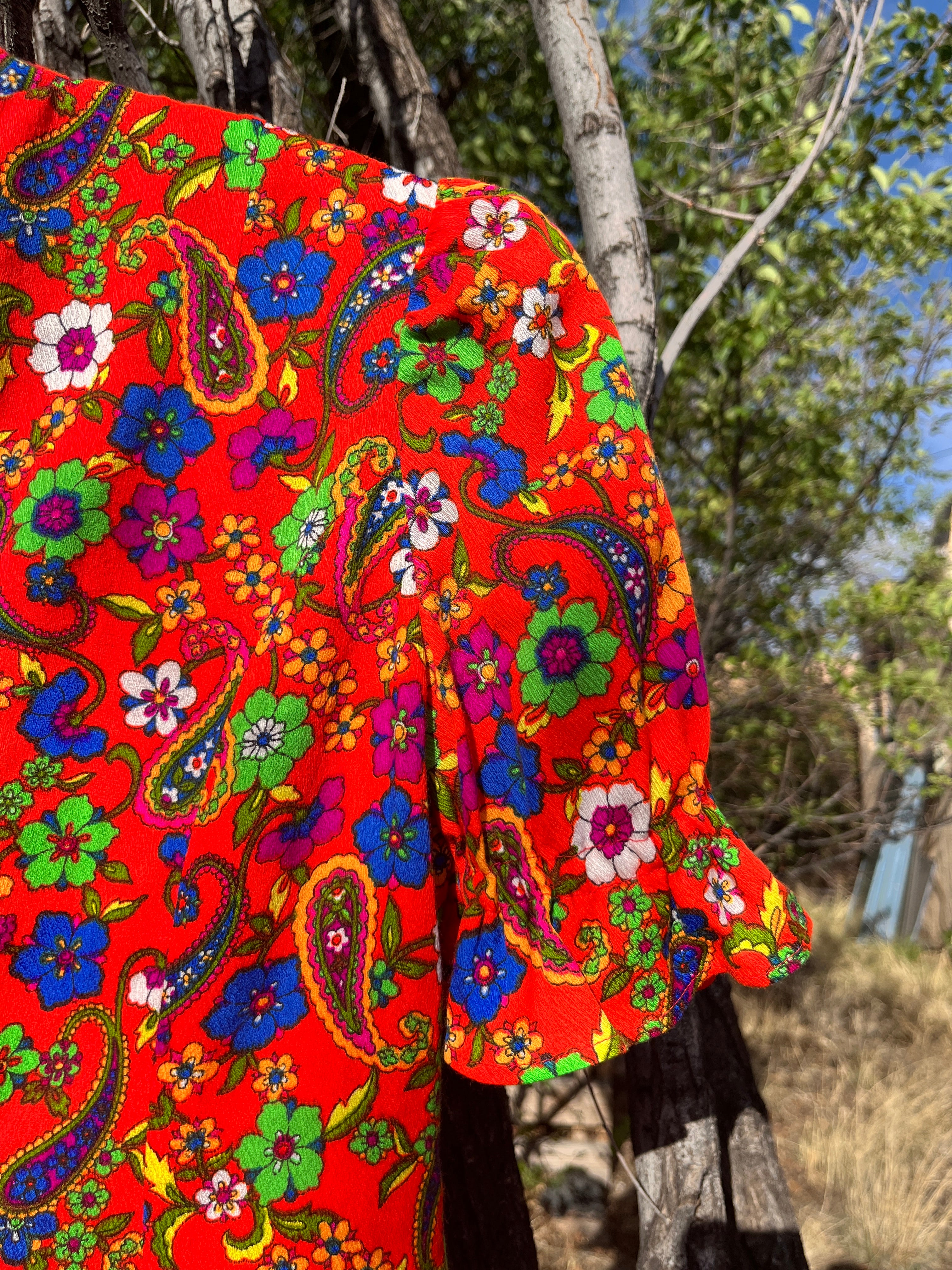 Vintage handmade Orange Paisley barkcloth mini dress with faux choker