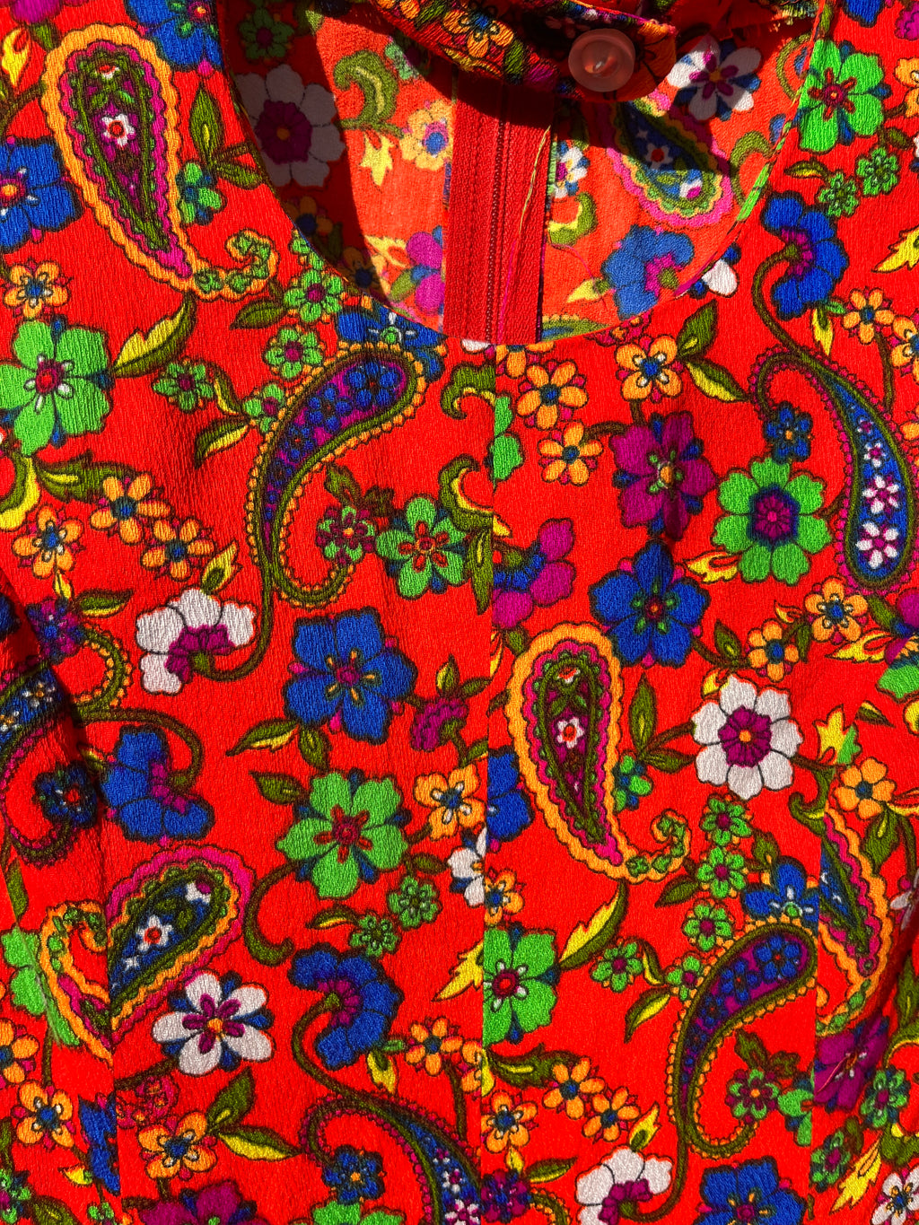 Vintage handmade Orange Paisley barkcloth mini dress with faux choker
