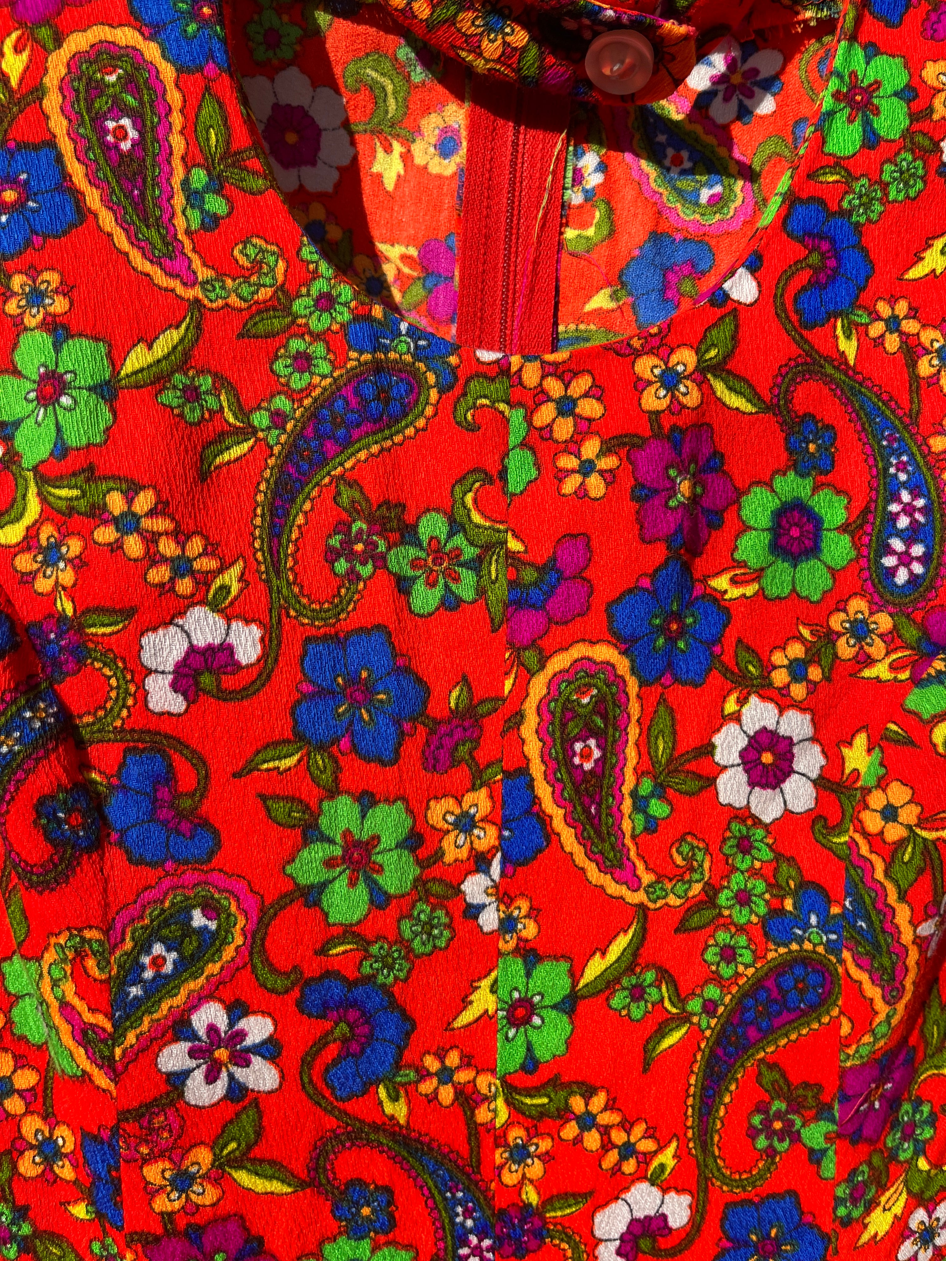 Vintage handmade Orange Paisley barkcloth mini dress with faux choker