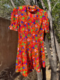 Vintage handmade Orange Paisley barkcloth mini dress with faux choker