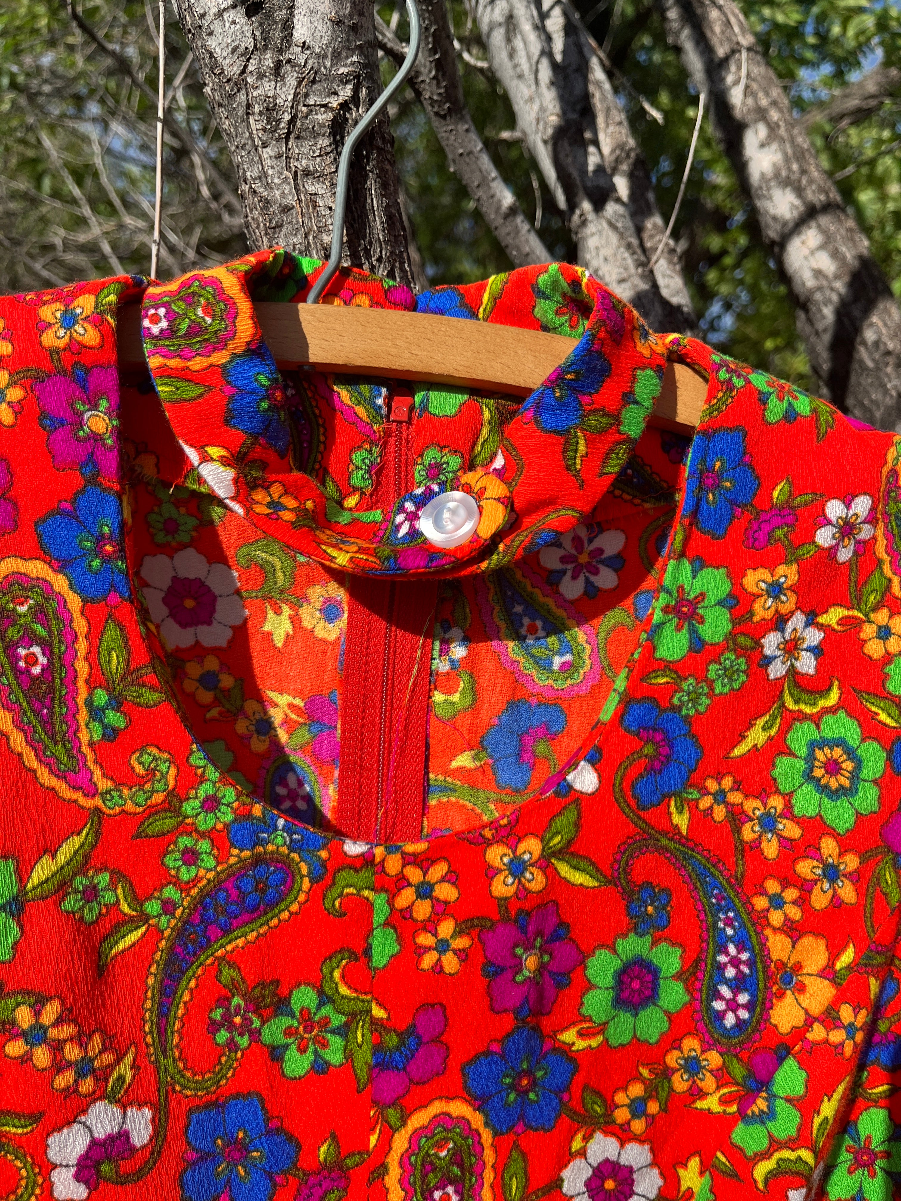 Vintage handmade Orange Paisley barkcloth mini dress with faux choker