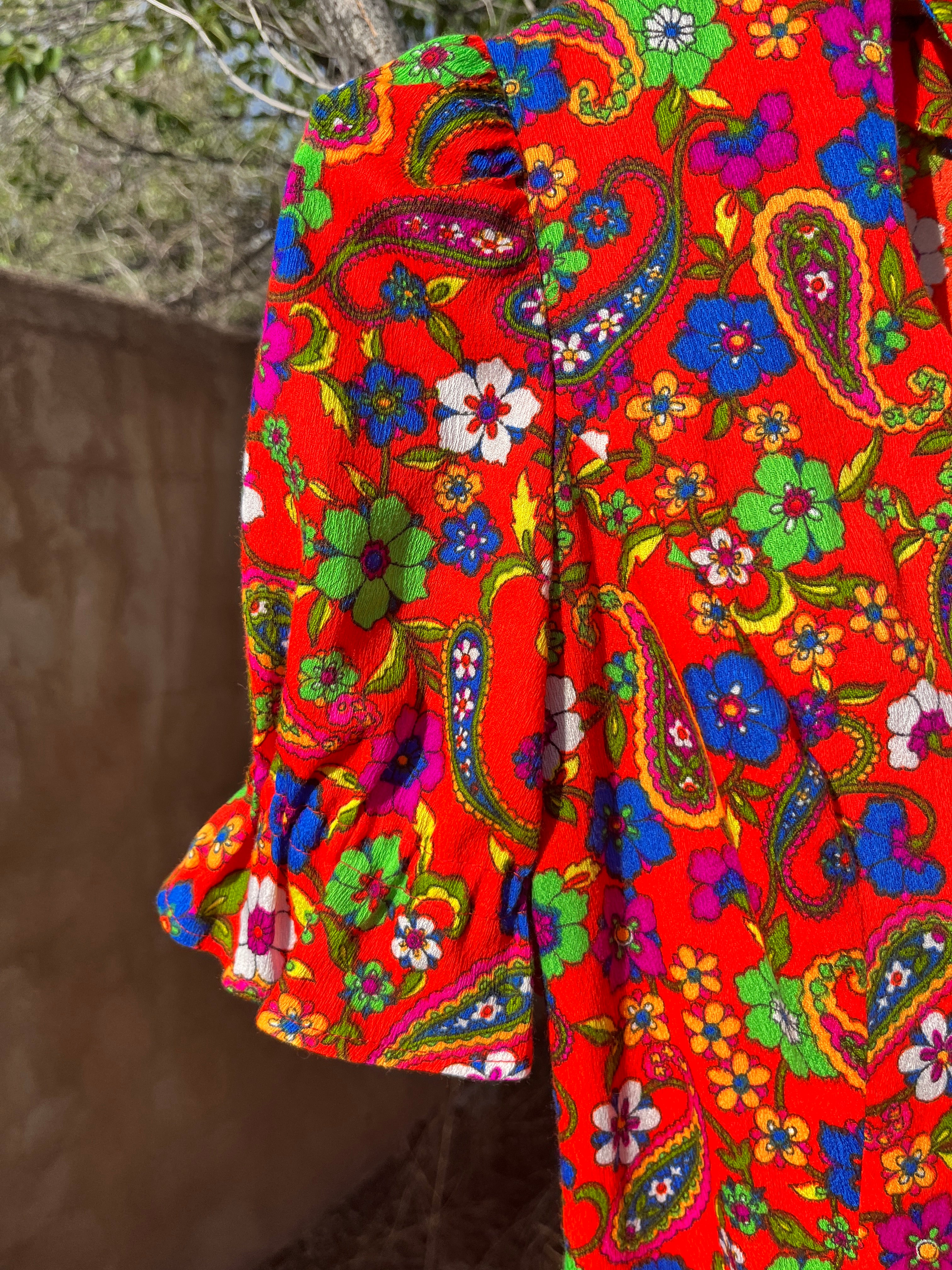 Vintage handmade Orange Paisley barkcloth mini dress with faux choker