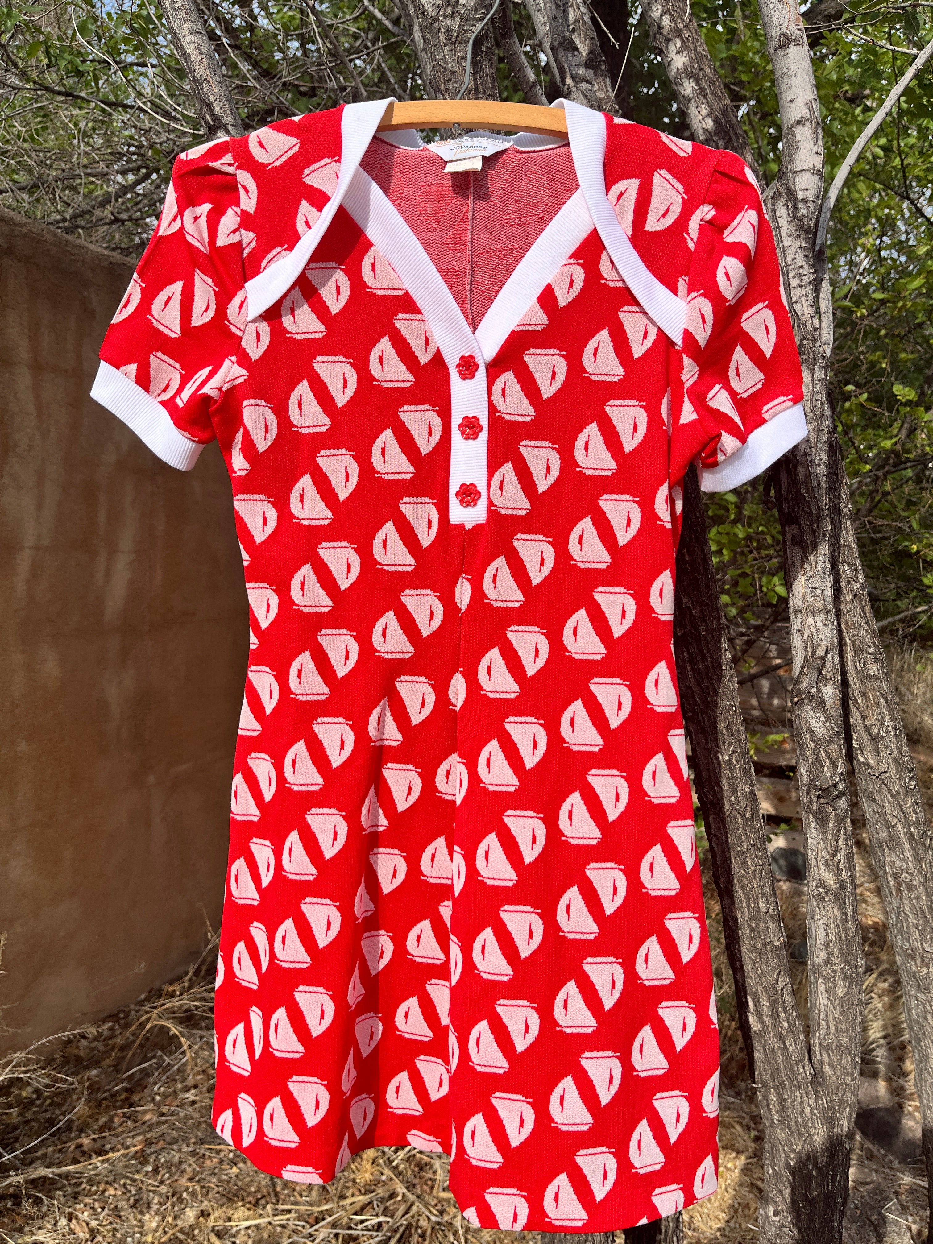 Vintage Red sail boat print mini dress with matching bloomers set