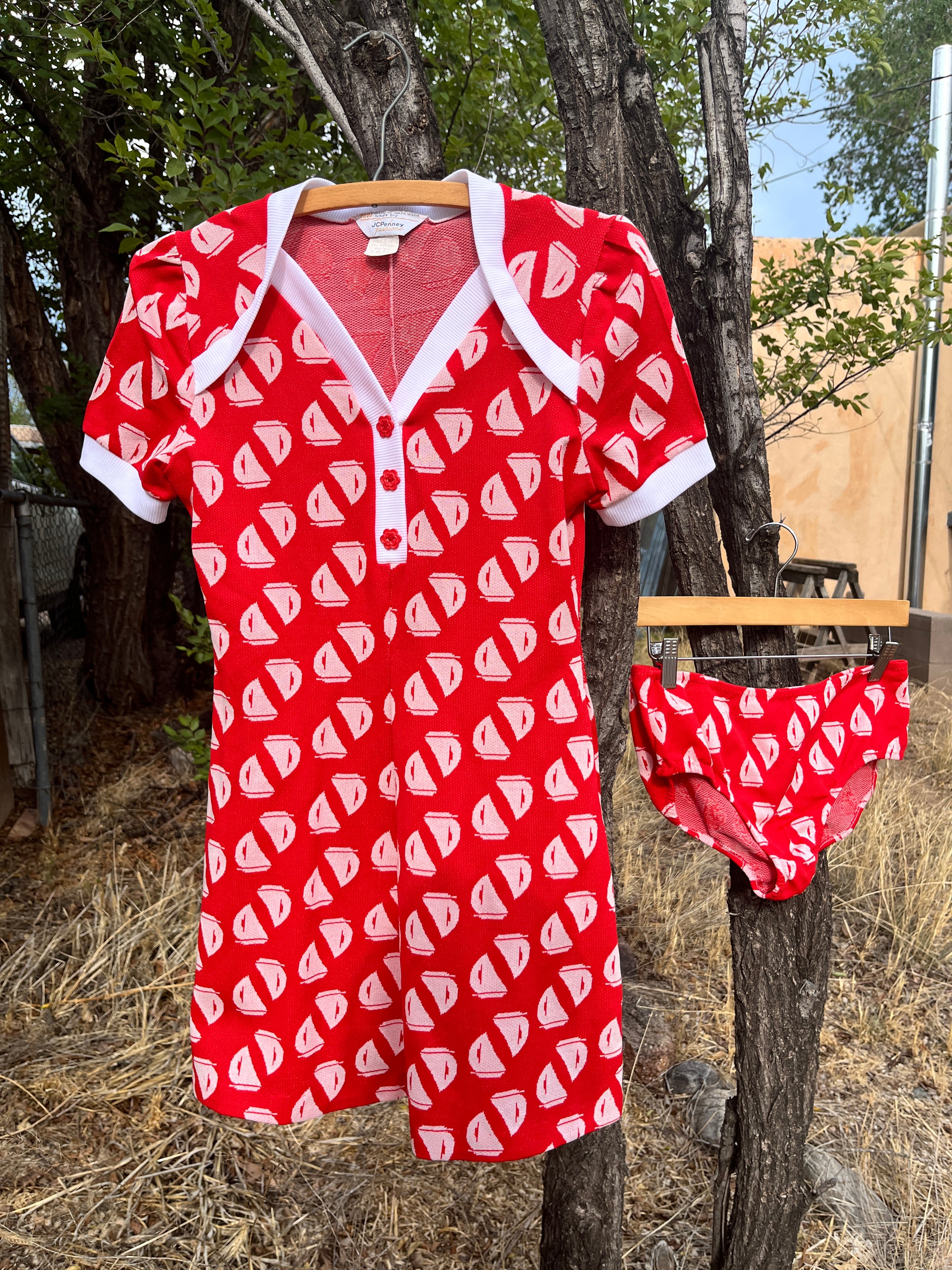 Vintage Red sail boat print mini dress with matching bloomers set