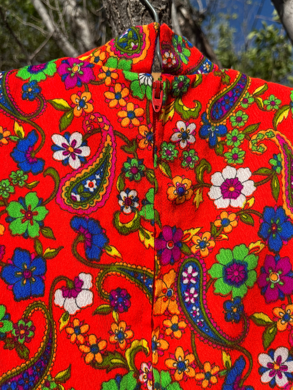 Vintage handmade Orange Paisley barkcloth mini dress with faux choker