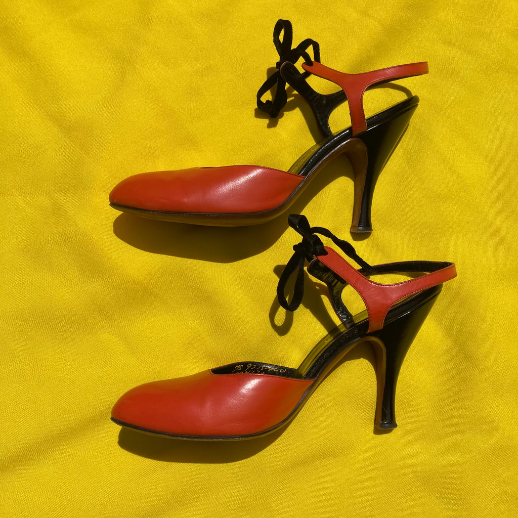 Vintage orange and black Neiman Marcus kitten heels